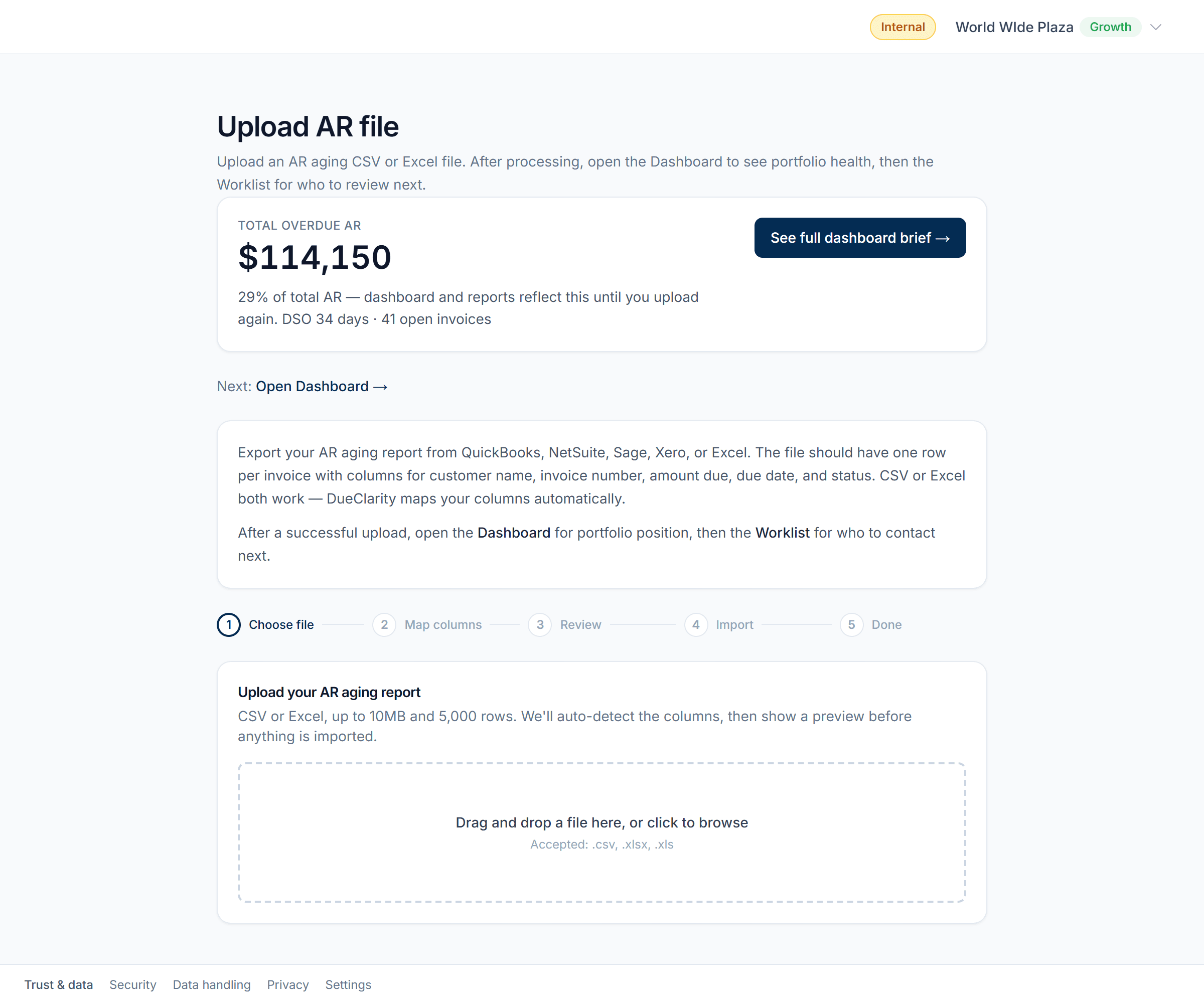 DueClarity Upload — export your AR aging and upload; no ERP integration