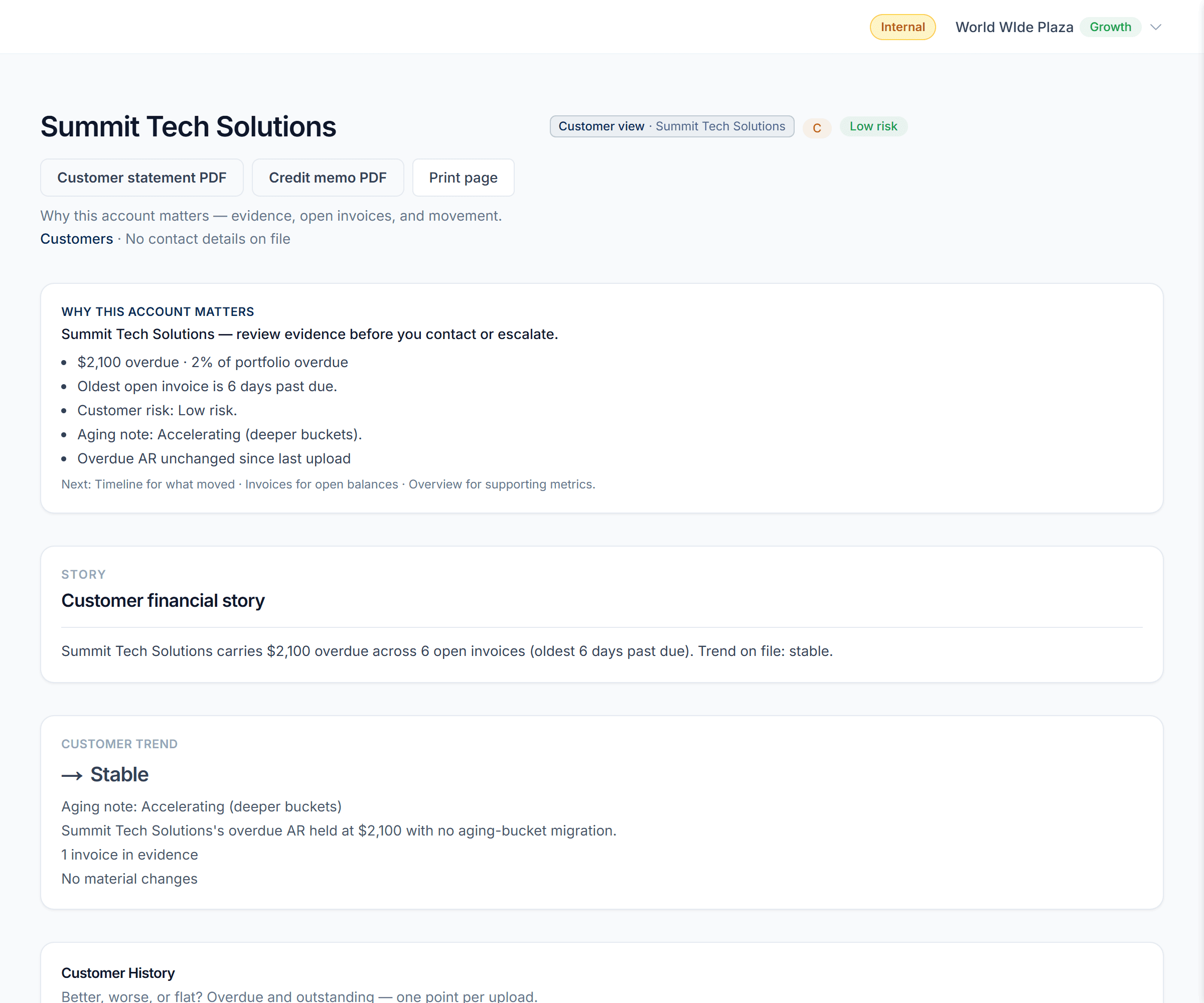 DueClarity customer detail — invoices, aging, and history in one place